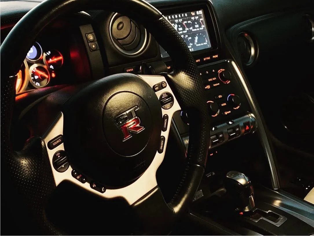Meticulously cleaned Nissan GT-R steering wheel and cockpit