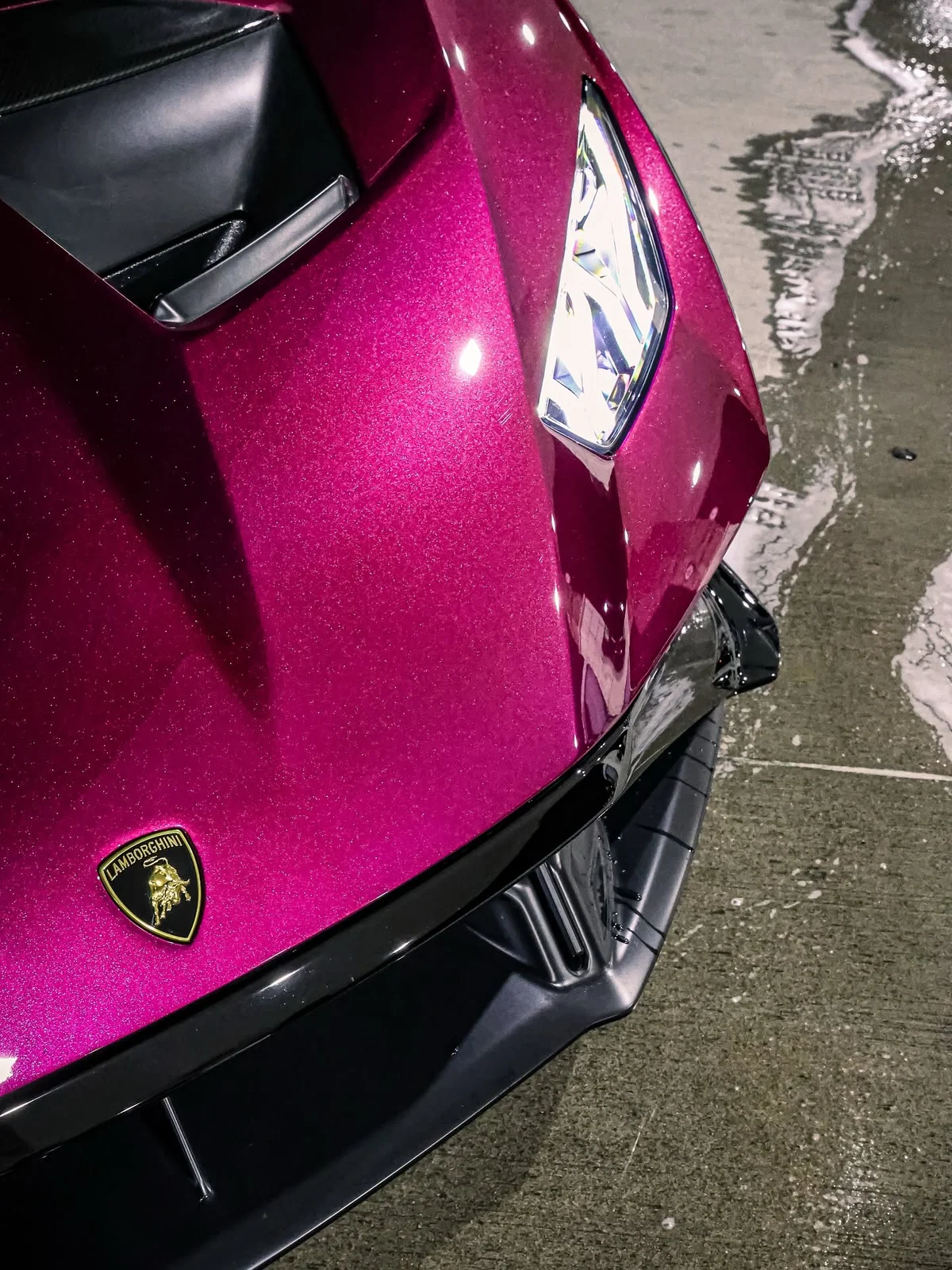 Deep metallic magenta Lamborghini hood reflecting light after finishing
